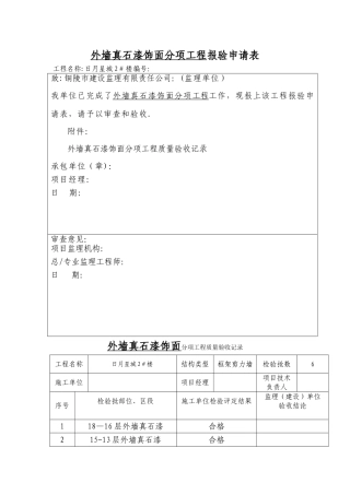 外墙真石漆饰面分项工程报验申请表