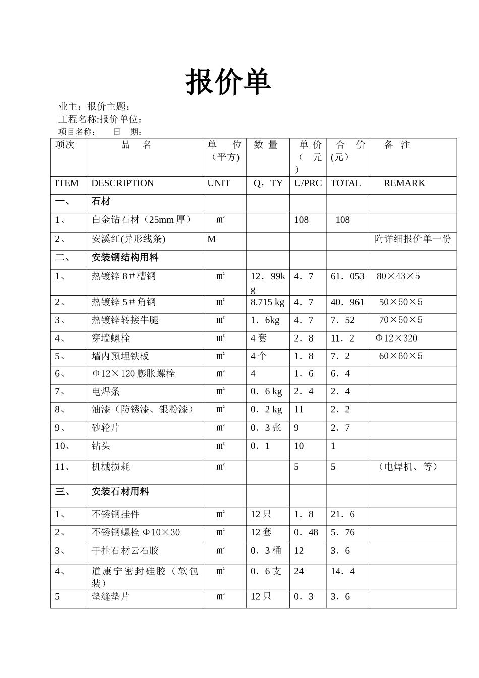 外墙石材干挂报价明细表_第1页