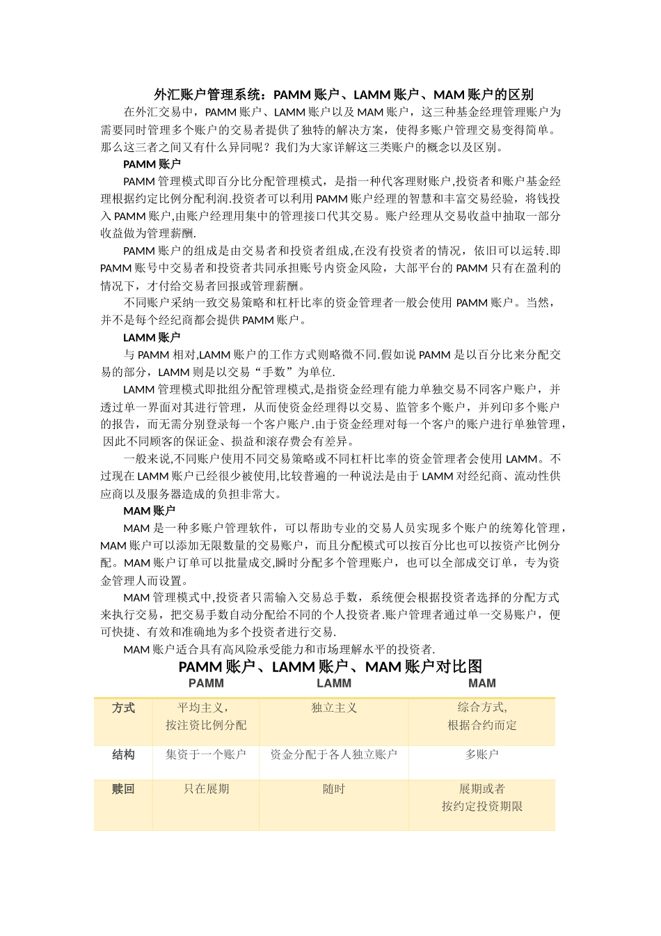外汇账户管理系统：PAMM账户、LAMM账户、MAM账户的区别_第1页