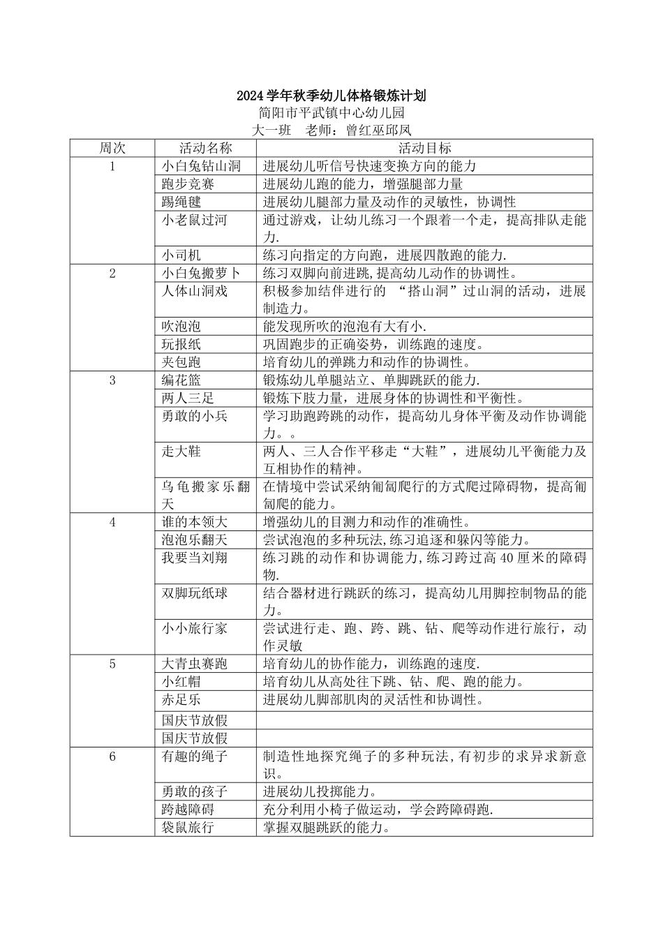 大一班幼儿体格锻炼计划表222_第1页