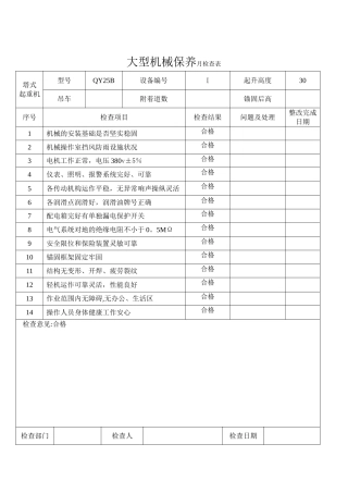 大型机械月检查表及施工机具维修保养记录