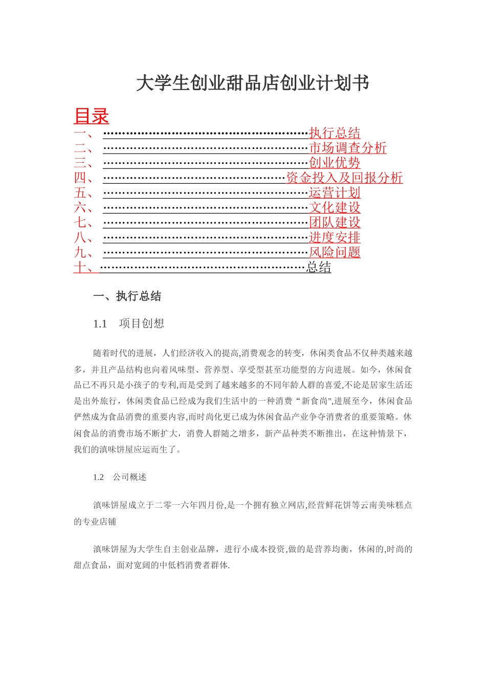 大学生创业创业计划书总结模板_第1页