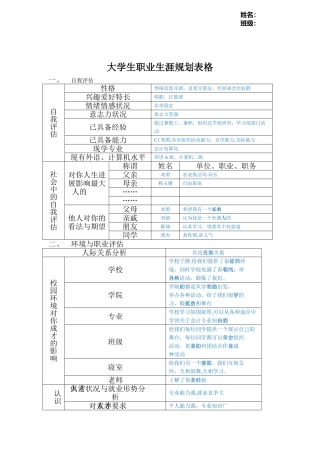 大学生职业生涯规划表格