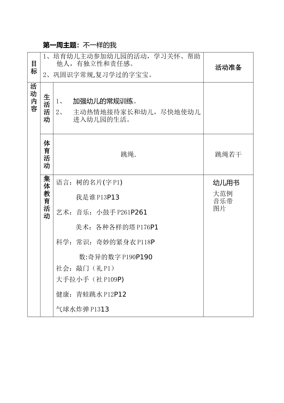 大班上学期周计划1—20周_第1页