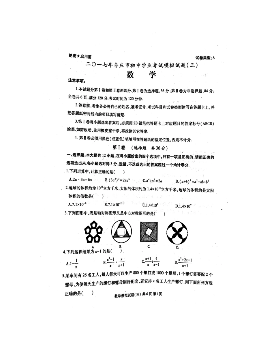 2025年九年级数学下学期学业水平模拟试题扫描版_第1页