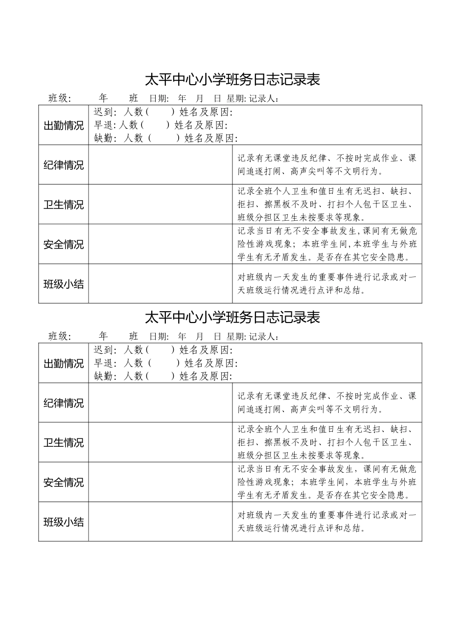 太平中心小学班务日志记录表_第1页