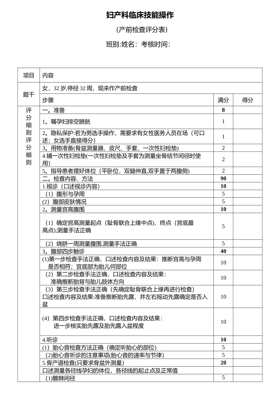 妇产科临床技能考核评分表_第1页