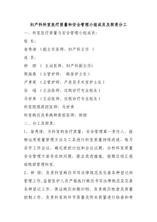 妇产科科室医疗质量和安全管理小组成员及职责分工