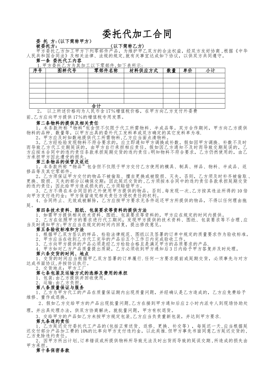 委托代加工合同模板_第1页