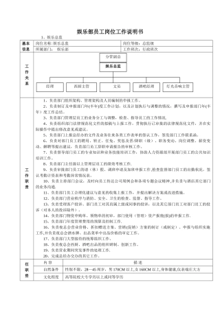 娱乐部岗位工作说明书