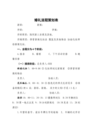 婚礼具体流程策划表