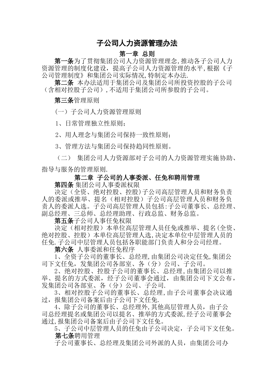 子公司人力资源管理办法_第1页