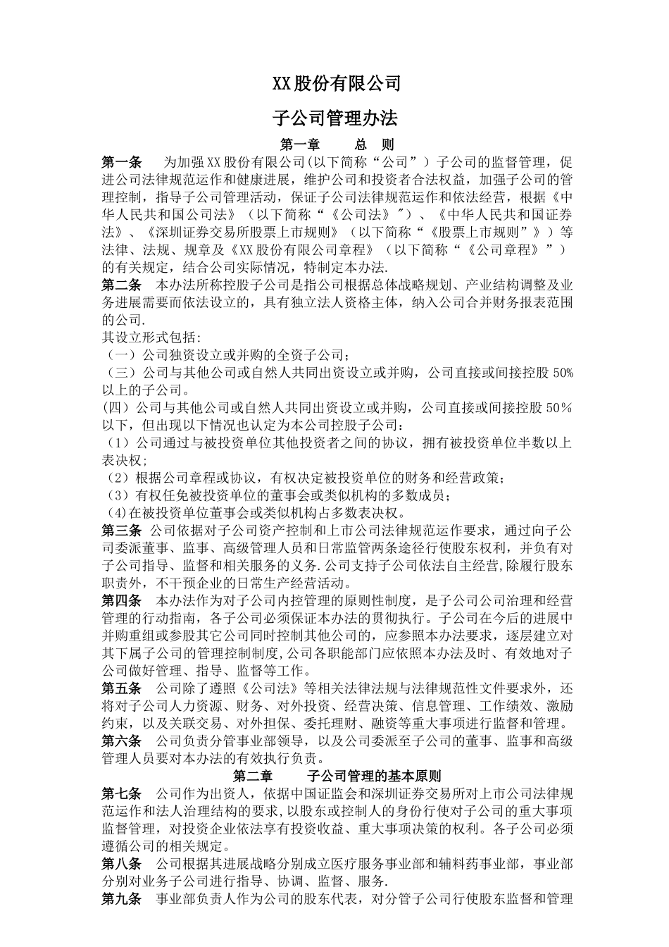 子公司管理办法模板_第1页