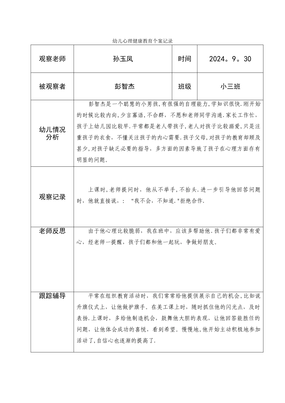 孙玉凤---幼儿心理健康教育个案记录表_第1页