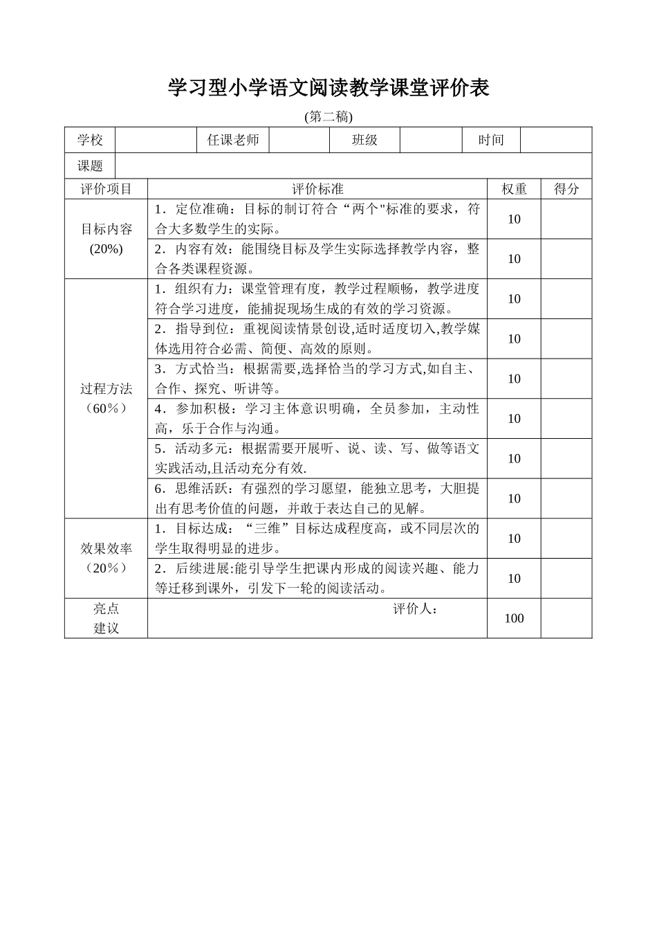 学习型小学语文阅读教学课堂评价表_第1页