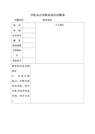 学校办公室职员岗位应聘表