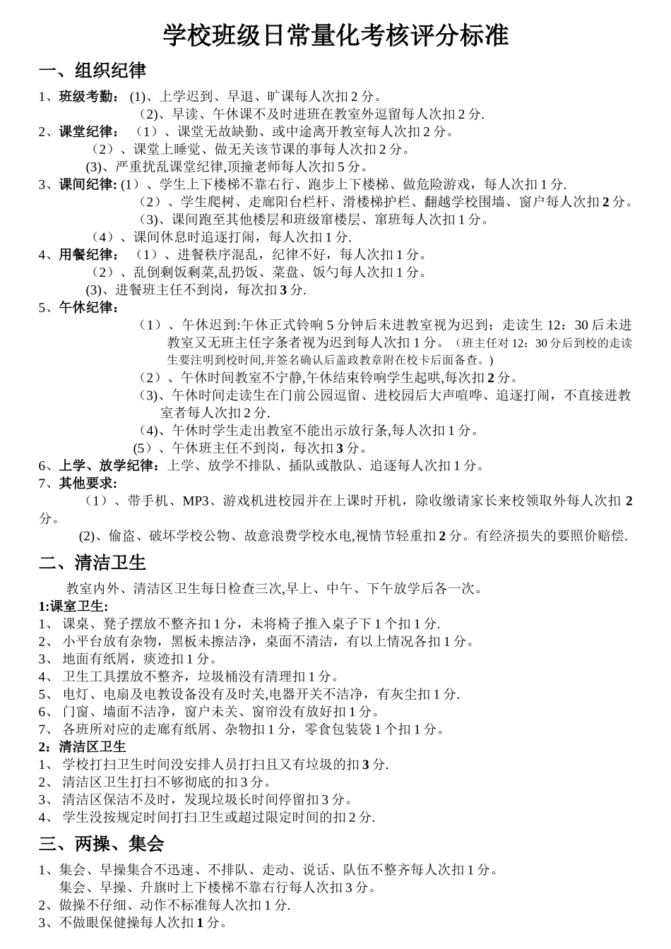 学校班级日常量化考核评分细则_第1页