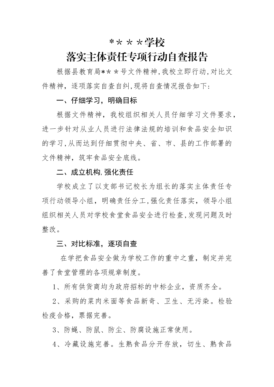 学校落实食品安全主体责任专项行动自查报告_第1页