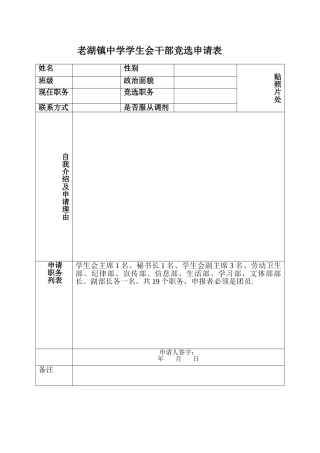 学生会干部竞选申请表