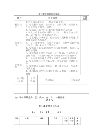 学生课堂学习情况评价表