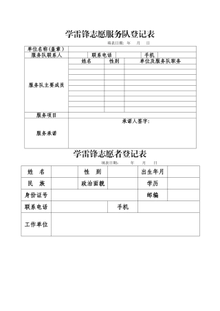 学雷锋志愿服务队登记表