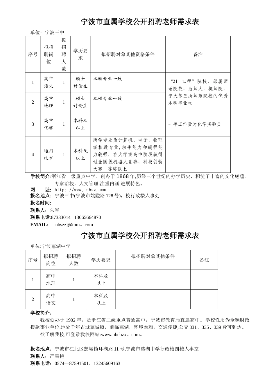 宁波市直属学校公开招聘教师需求表_第1页