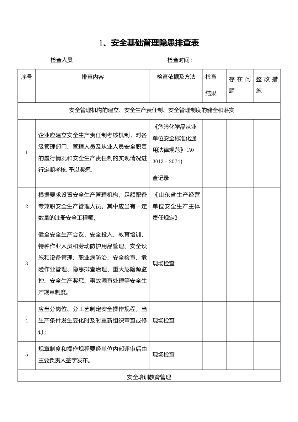 安全基础管理隐患排查表_第1页