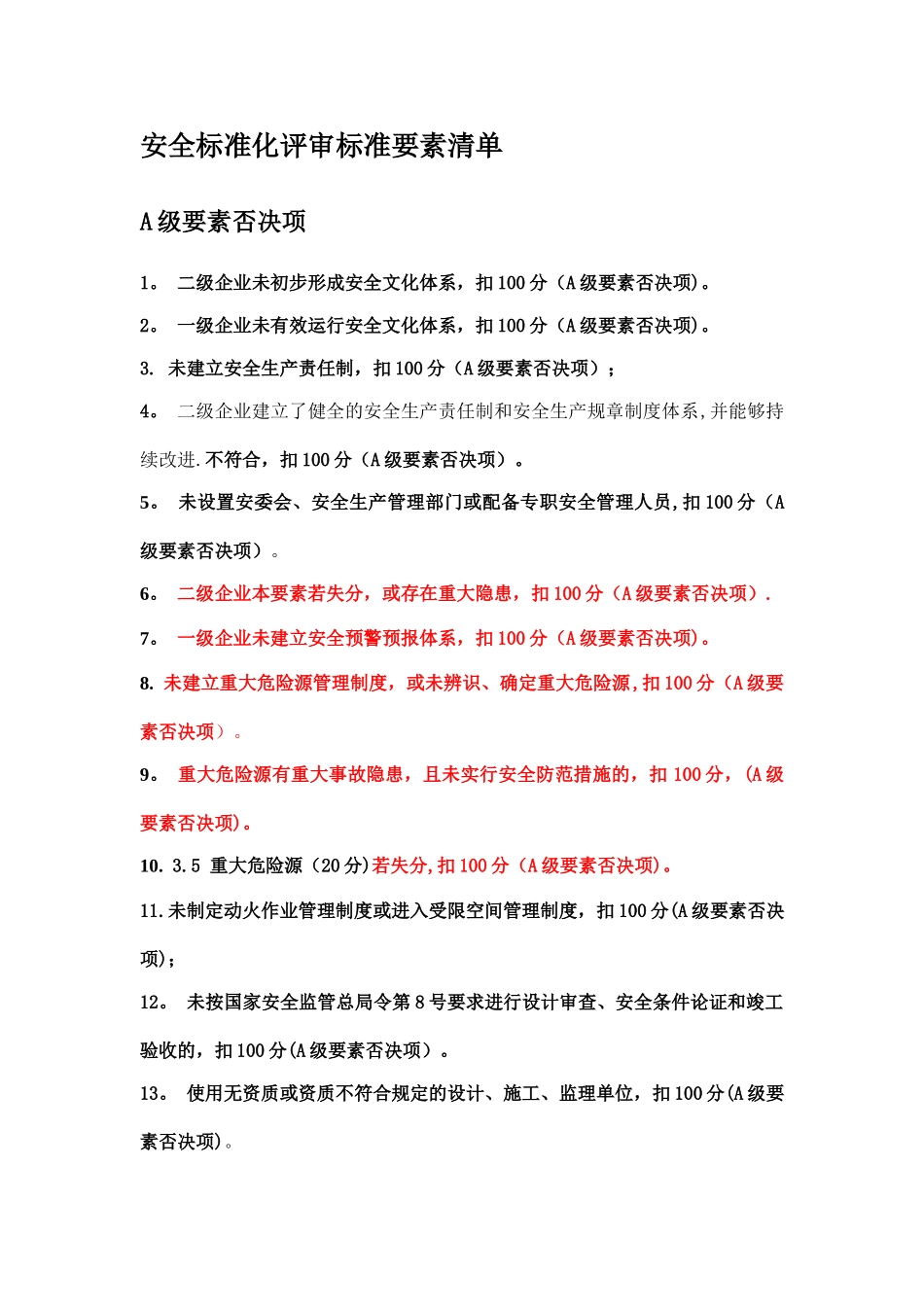 安全标准化A级与B级要素否决项清单_第1页