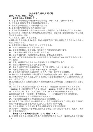 安全标准化评审员试卷