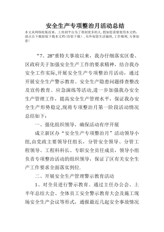 安全生产专项整治月活动总结