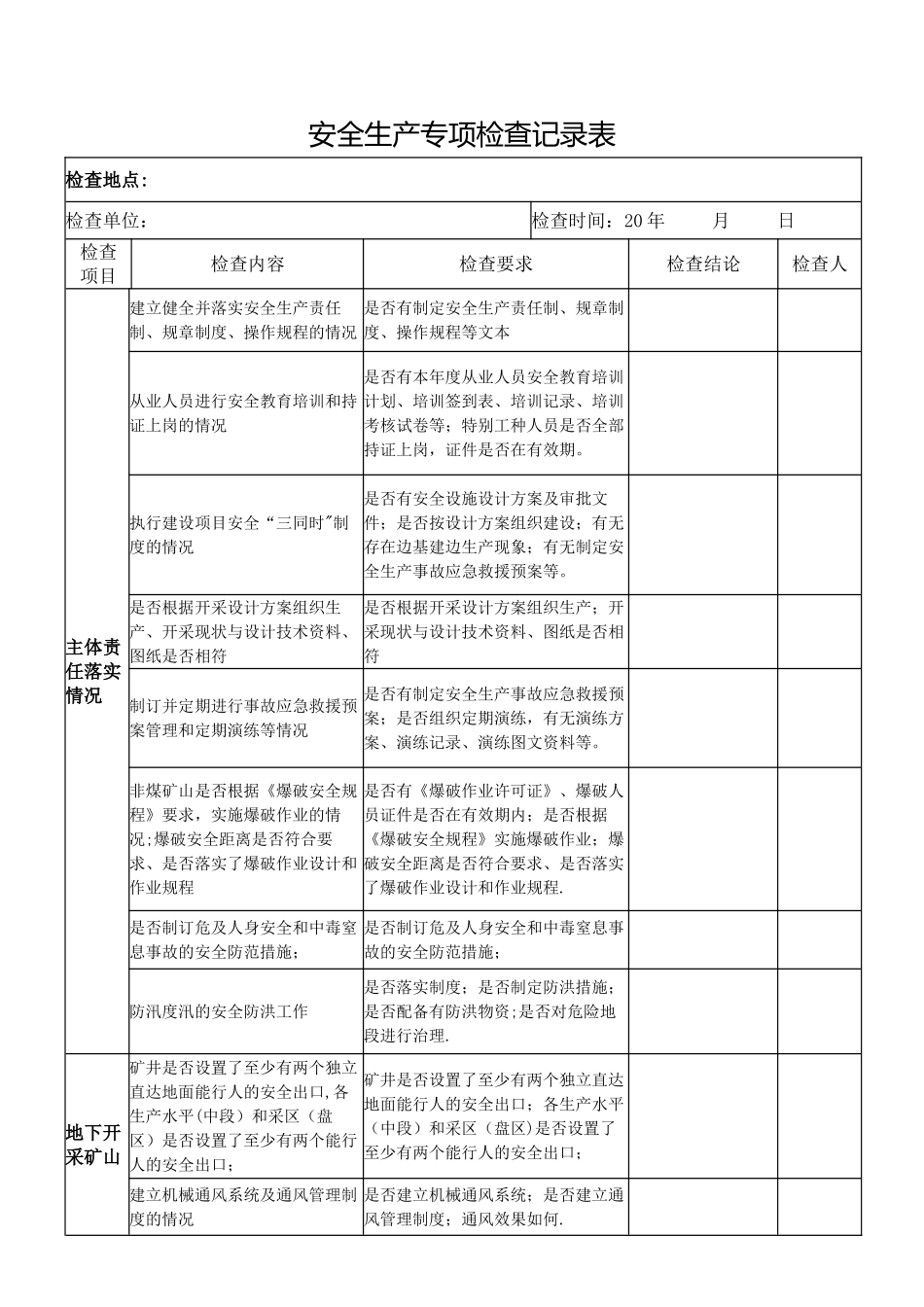 安全生产专项检查记录表_第1页