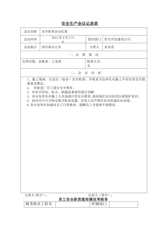 安全生产会议记录表