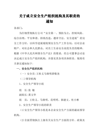 安全生产及组织机构及管理人员