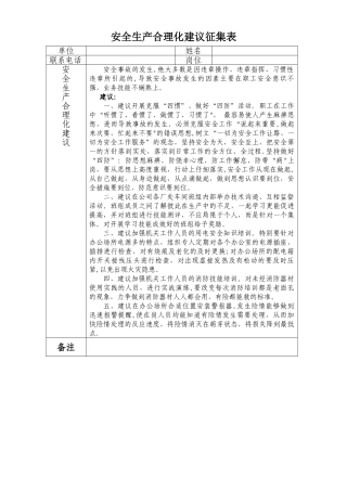 安全生产合理化建议征集表