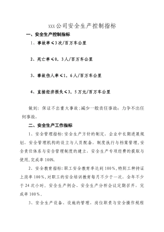 安全生产控制指标