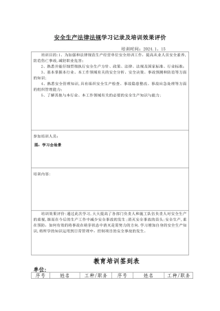 安全生产法律法规与其他要求培训记录表