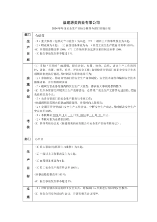 安全生产目标分解及各部门实施计划