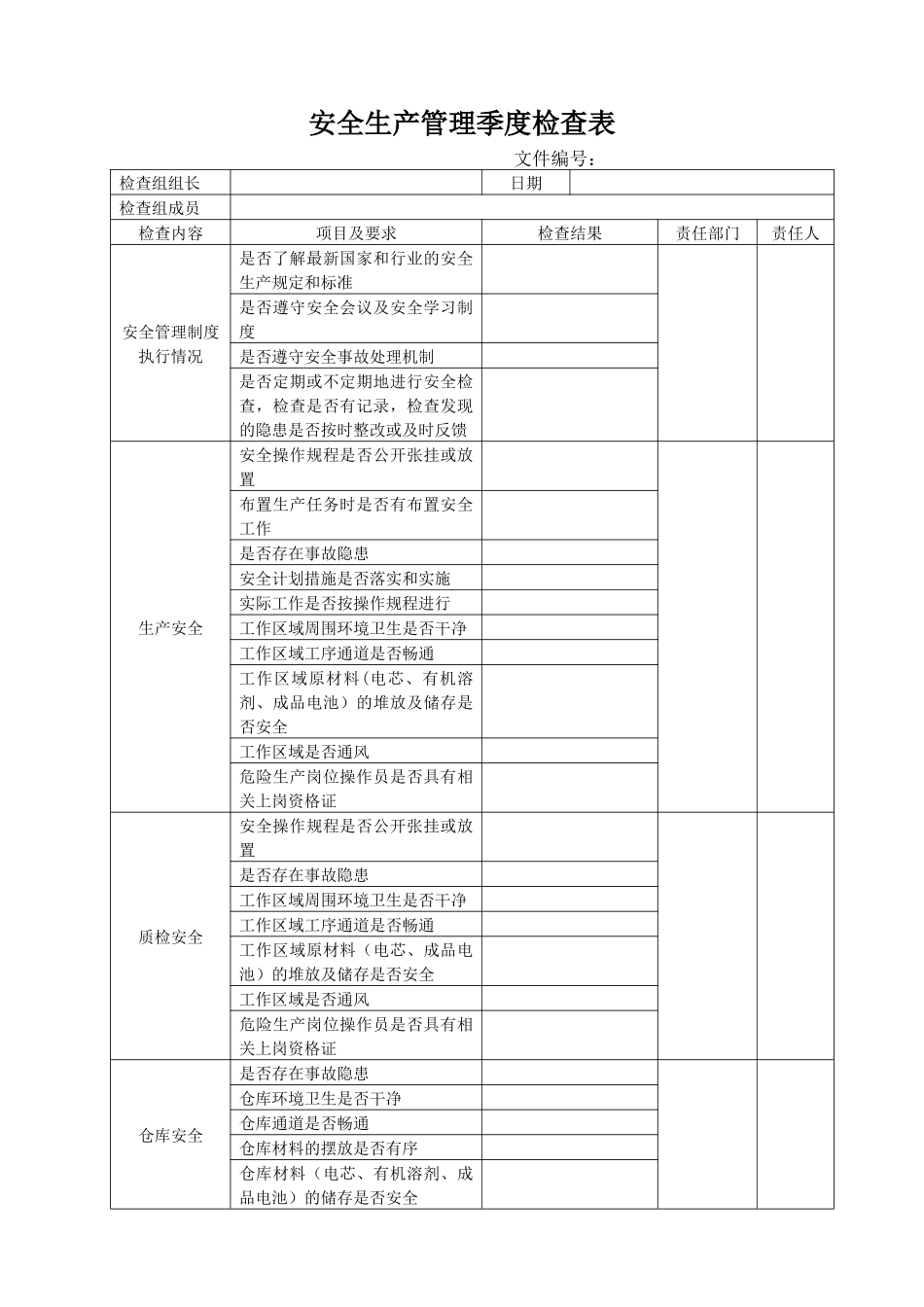 安全生产管理季度检查表_第1页