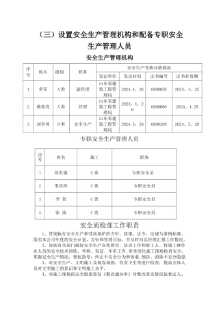 安全生产管理机构设置和专职安全生产管理人员配备情况