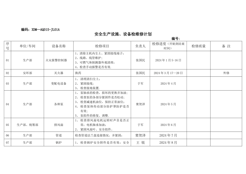 安全生产设施、设备检维修计划_第1页