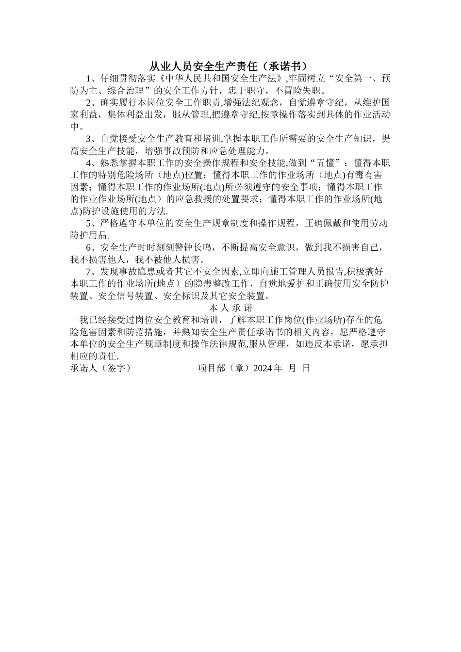 安全生产责任书(承诺书)_第1页