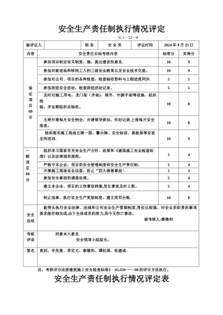 安全生产责任制执行情况评定表