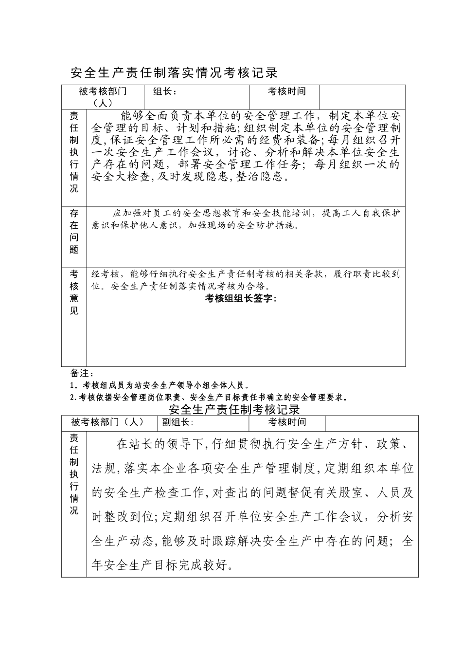 安全生产责任制落实情况考核记录_第1页