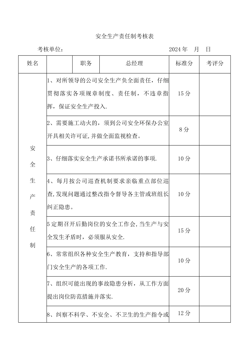 安全生产责任制考核表_第1页