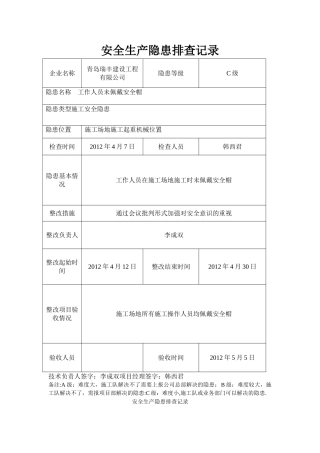 安全生产隐患排查记录