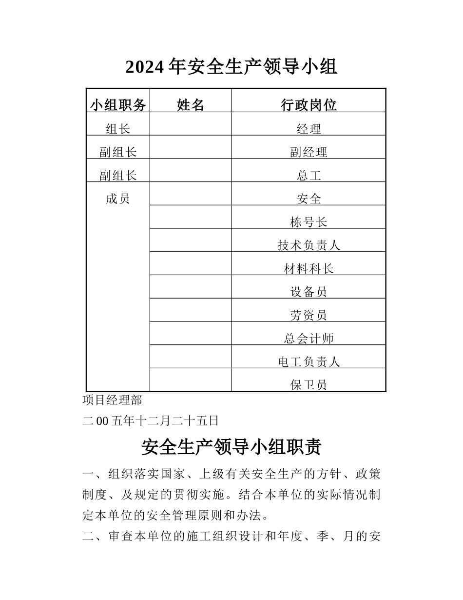 安全生产领导小组、值班表和职责_第1页