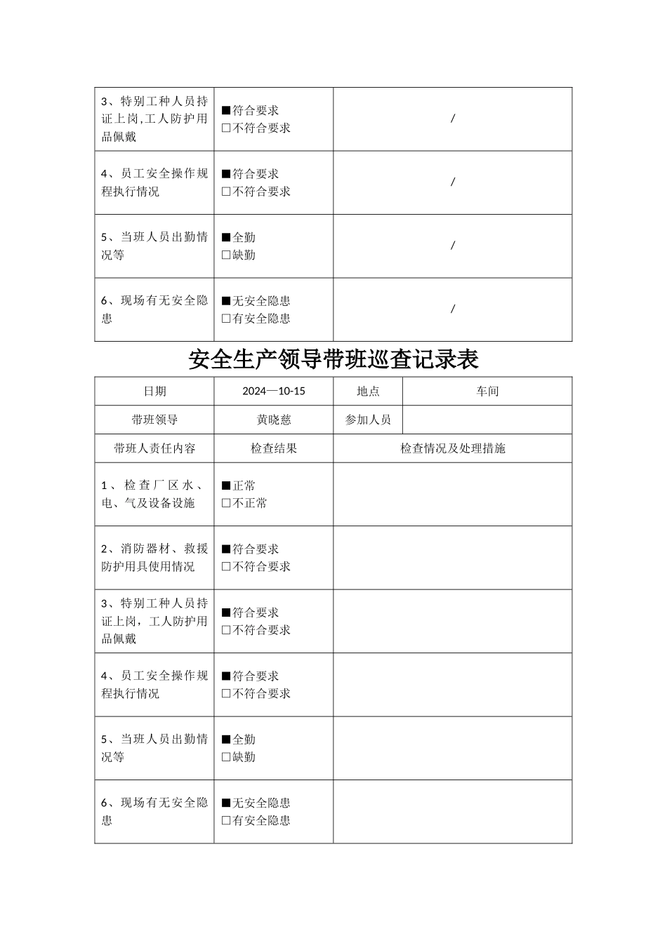 安全生产领导带班巡查记录表_第2页