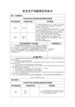 安全生产风险岗位告知卡