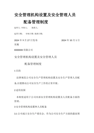安全管理机构设置及安全管理人员