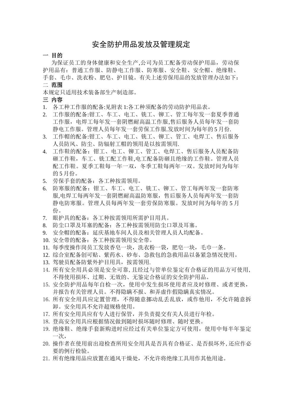 安全防护用品发放及管理规定_第1页
